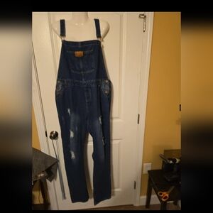 Vintage Denim Distressed womens Bib overalls straight leg 2XL